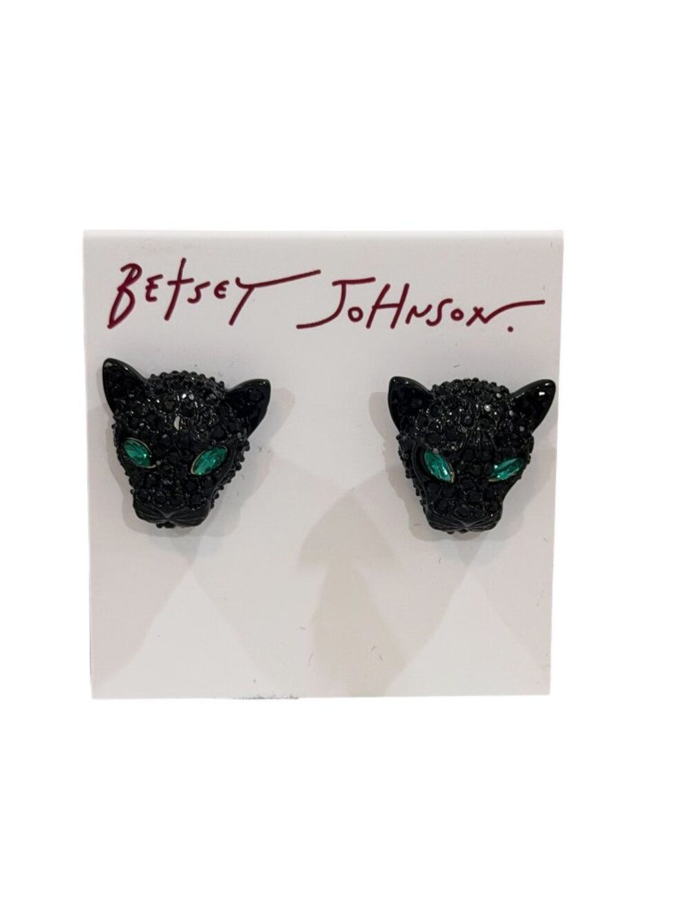 Betsey Johnson Black Crystal Panther Cat Head Stud Earrings NWT